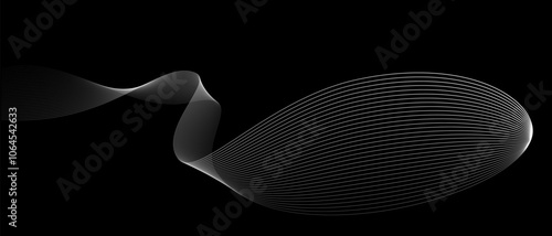 Abstract vector wavy lines flowing smooth curve white grey light color on black background in concept of luxury, technology, science, music, modern.