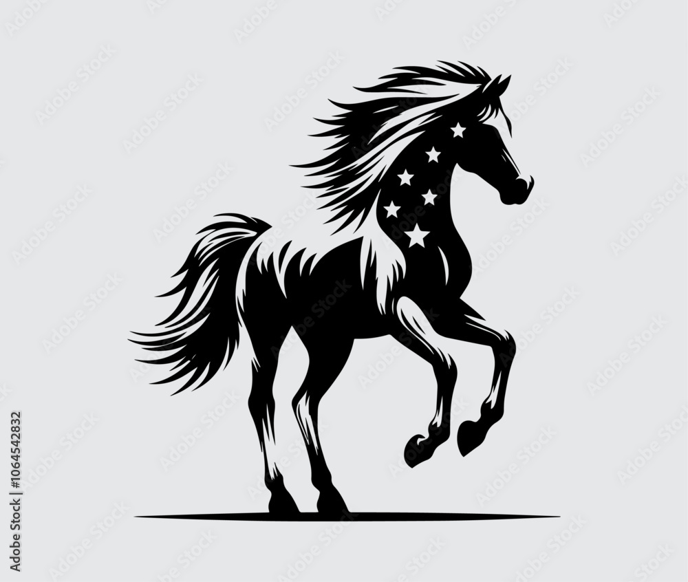 Stylized horse silhouette, black and white illustration, star pattern on horse body Stylized horse silhouette, black and white illustration, star pattern on horse body
