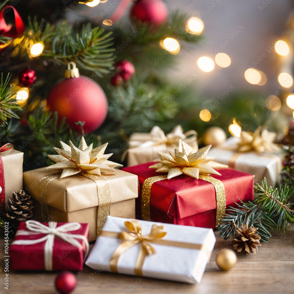 This festive image features beautifully wrapped Christmas gifts in red and gold, adorned with ribbons, surrounded by pine branches and soft holiday lights. Perfect for holiday marketing, social media This festive image features beautifully wrapped Christmas gifts in red and gold, adorned with ribbons, surrounded by pine branches and soft holiday lights. Perfect for holiday marketing, social media