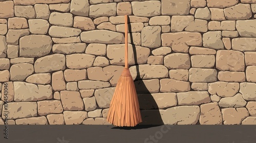 Wallpaper Mural A simple broom rests against a textured stone wall, casting a shadow Torontodigital.ca