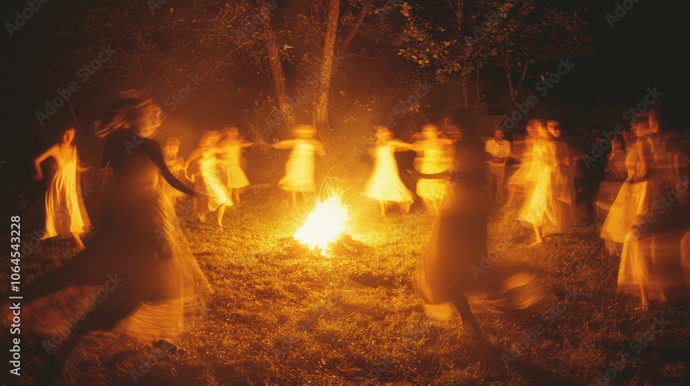 Enchanting Night: People Dancing Around Campfire at Dusk with Blurred Flames and Darkening Forest - Ultra-Detailed Capture of Warmth and Celebration Enchanting Night: People Dancing Around Campfire at Dusk with Blurred Flames and Darkening Forest - Ultra-Detailed Capture of Warmth and Celebration