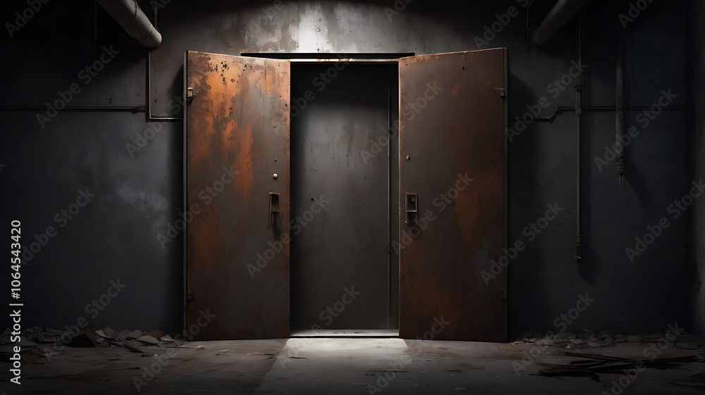 Obraz premium Rusted metal door slightly ajar in an abandoned factory, revealing a dark room beyond, filled with eerie shadows and an unsettling quiet.