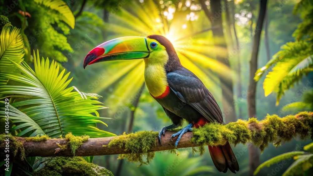 Naklejka premium Stunning Wild Keel-Billed Toucan in Tropical Jungle of Panama - Vibrant Colors and Lush Greenery, Central Americaâ€™s Exotic Wildlife and Natural Beauty