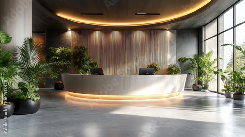 A circular front desk lobby. architecture design. Ultra realistic. Photorealistic hypermaximalist advertising photography hyper realistic fine detail photo