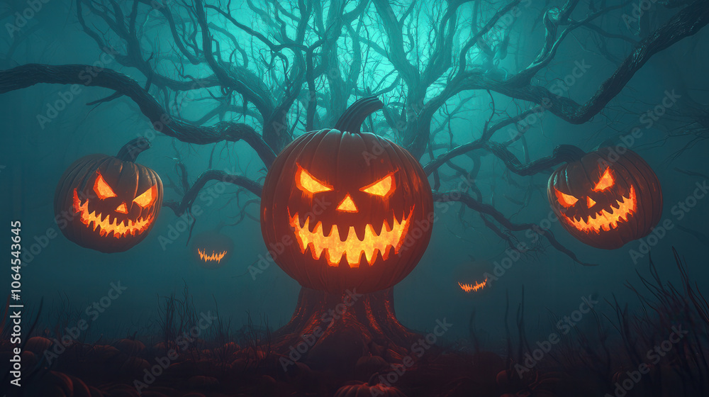 Fototapeta premium A spooky Halloween scene featuring glowing jack-o'-lanterns surrounded by a foggy forest
