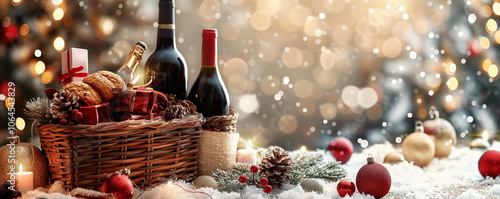 Festive christmas gift basket with wine, nuts, and ornaments in the snow near a glowing tree, evoking a cozy holiday setting