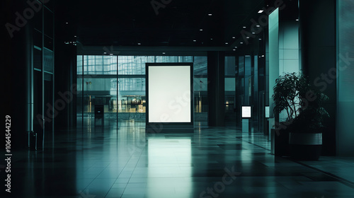 Mockup. Evening Lighting on Corporate Poster in Reflective Corridor