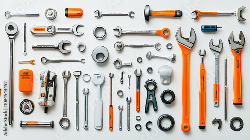 A collection of various tools such as hammers, wrenches, etc., with a white background