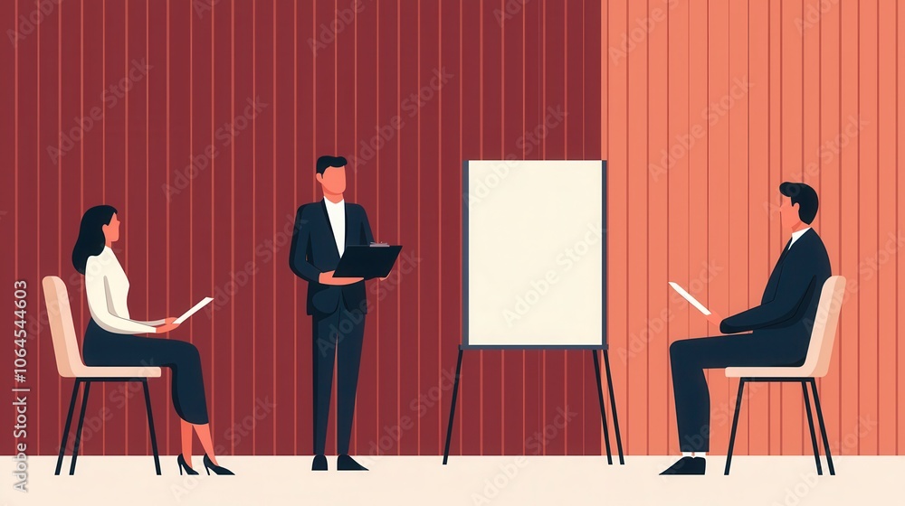 A professional meeting scene featuring a presenter and two audience members A professional meeting scene featuring a presenter and two audience members