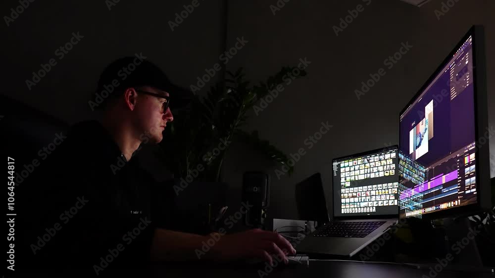 Individual Working at a Desk on a Video editing bay with Multiple Screens in a Dimly Lit Room Individual Working at a Desk on a Video editing bay with Multiple Screens in a Dimly Lit Room