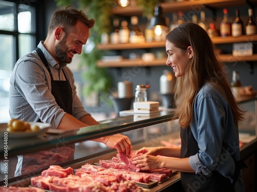 Engaging Interaction Between a Butcher and a Customer at a Lively Market in the Afternoon