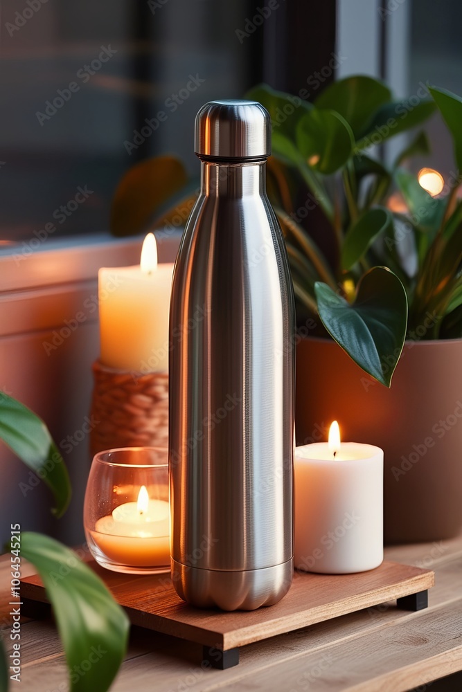 A stainless steel water bottle on a small wood A stainless steel water bottle on a small wood