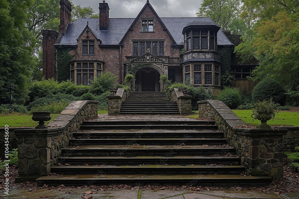 A large, two-story brick house with a prominent arched entrance and a stone staircase leading up to it A large, two-story brick house with a prominent arched entrance and a stone staircase leading up to it
