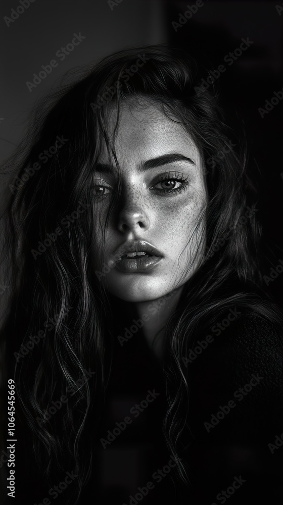 Black and White Portrait of a Woman with Long Hair and Freckles Black and White Portrait of a Woman with Long Hair and Freckles