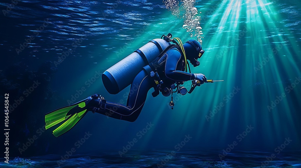 A scuba diver explores the underwater world, surrounded by bubbles and rays of sunlight filtering through the water surface. A scuba diver explores the underwater world, surrounded by bubbles and rays of sunlight filtering through the water surface.