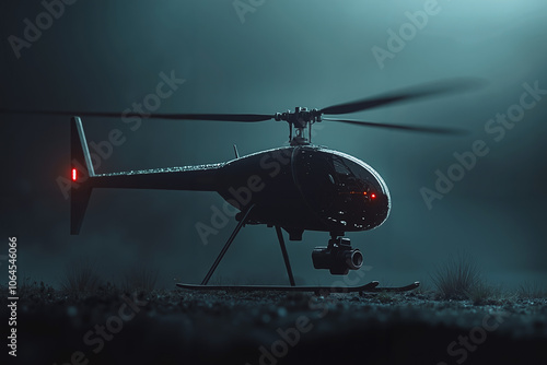 A black helicopter with a red light on the tail, sitting on a grassy field at night photo