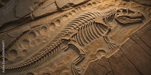 Detailed dinosaur fossil texture embedded in rocky surface with dramatic shadows and lighting