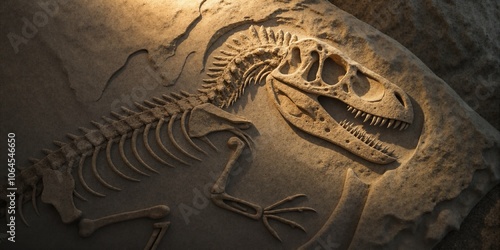 Dinosaur skeleton fossil, captivating mood, illuminated T-Rex fossil carved into rocky wall