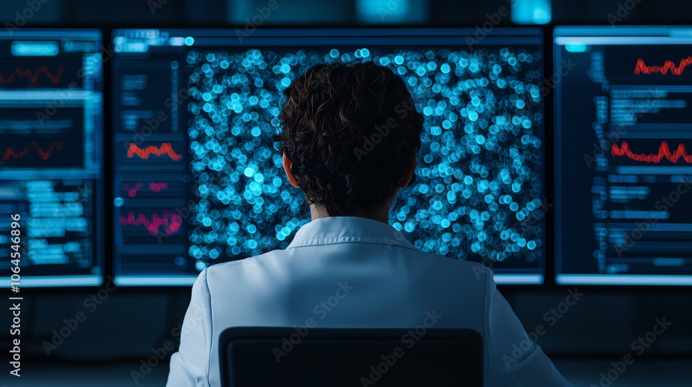 A creative professional using AI to generate intricate patterns, with a large screen showing the evolving design in realtime in a modern, welllit design studio A creative professional using AI to generate intricate patterns, with a large screen showing the evolving design in realtime in a modern, welllit design studio