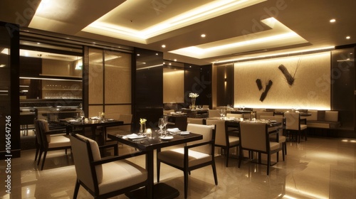 Contemporary dining space with recessed ceiling lighting, LED strips casting a soft light over a minimalist dining setup.