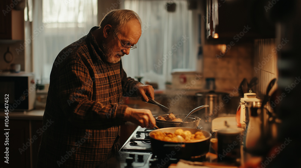 Older man cooking a favorite meal in a cozy kitchen, evoking warmth and contentment Older man cooking a favorite meal in a cozy kitchen, evoking warmth and contentment