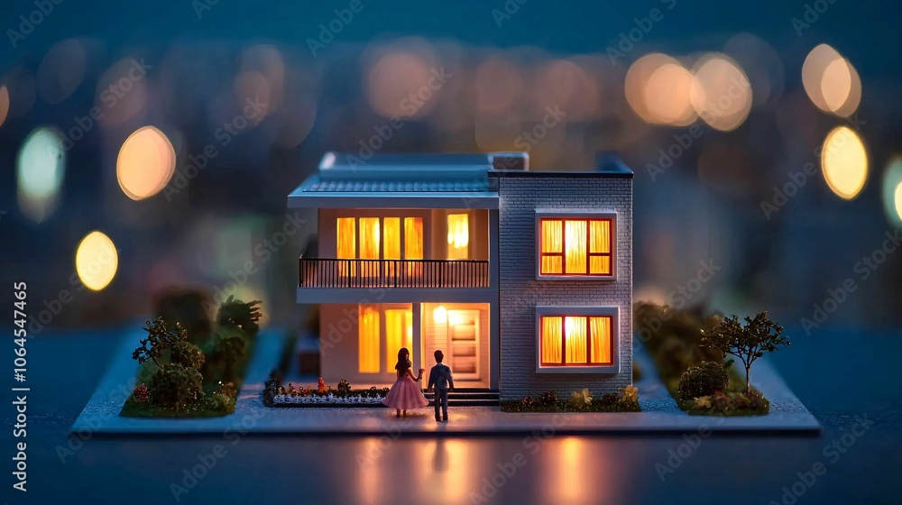 A miniature house with warm lights is set against a blurred urban backdrop, creating a cozy and inviting atmosphere. A miniature house with warm lights is set against a blurred urban backdrop, creating a cozy and inviting atmosphere.