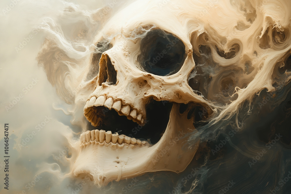 Naklejka premium A skull with a mouth open, surrounded by swirling, flowing patterns