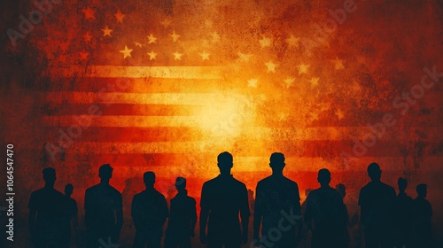 A group of people stand in silhouette in front of an American flag, symbolizing unity and patriotism.