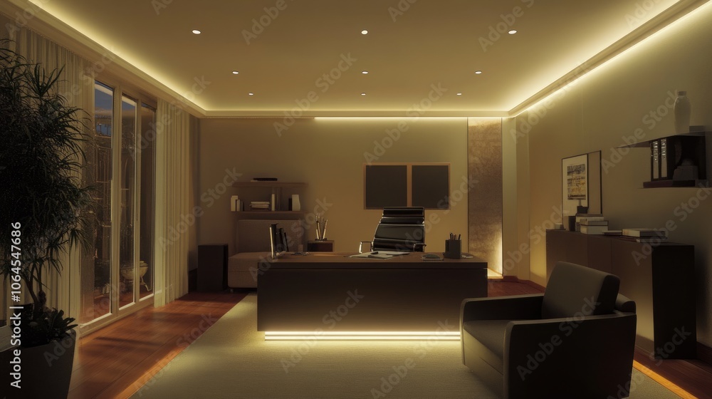 Elegant home office with recessed ceiling lighting and hidden LED strips, casting a soft glow over a stylish desk and seating area. Elegant home office with recessed ceiling lighting and hidden LED strips, casting a soft glow over a stylish desk and seating area.