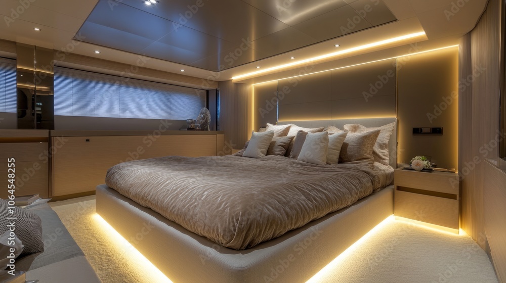 High-end bedroom with soft LED lighting in a recessed ceiling, adding a cozy atmosphere to a large bed with elegant bedding and decor. High-end bedroom with soft LED lighting in a recessed ceiling, adding a cozy atmosphere to a large bed with elegant bedding and decor.