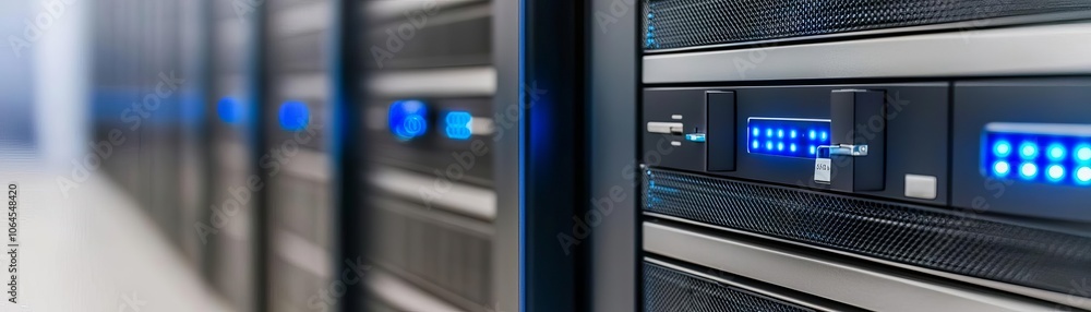 Close-up of digital servers with secure locks, blue LED indicators, high-tech metallic finishes, dimly lit background, representing secure and reliable digital infrastructure Close-up of digital servers with secure locks, blue LED indicators, high-tech metallic finishes, dimly lit background, representing secure and reliable digital infrastructure