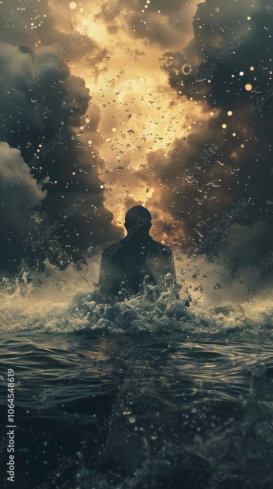 Fototapeta premium Silhouette of a Figure in a Stormy Sea: A Surreal and Dramatic Artwork