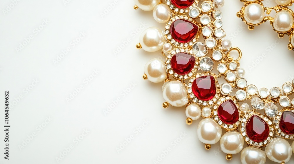 Elegant Red and Pearl Jewelry on White Background Elegant Red and Pearl Jewelry on White Background