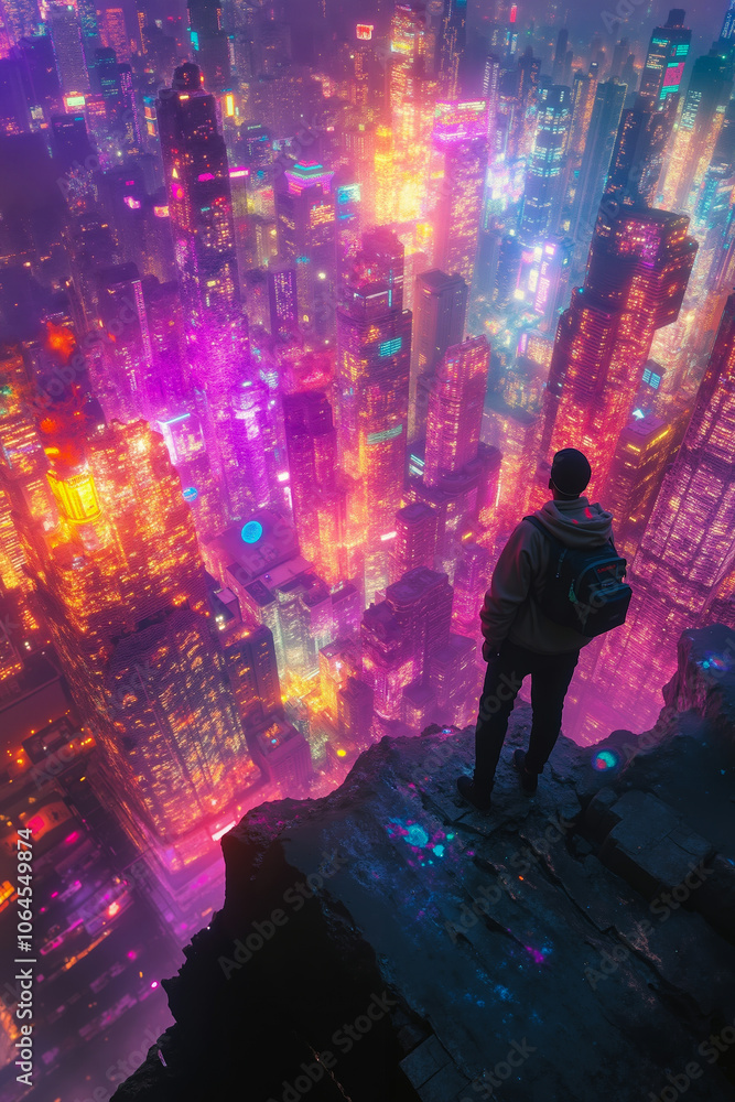 Fototapeta premium A person standing on a rocky outcrop overlooking a vibrant, futuristic cityscape