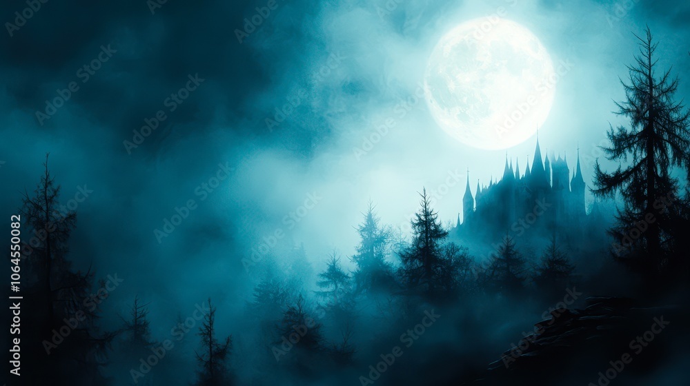 A hauntingly beautiful scene of a castle shrouded in mist under a full moon, surrounded by dark trees, Ideal for Halloween-themed projects, book covers, or backgrounds for spooky events, A hauntingly beautiful scene of a castle shrouded in mist under a full moon, surrounded by dark trees, Ideal for Halloween-themed projects, book covers, or backgrounds for spooky events,