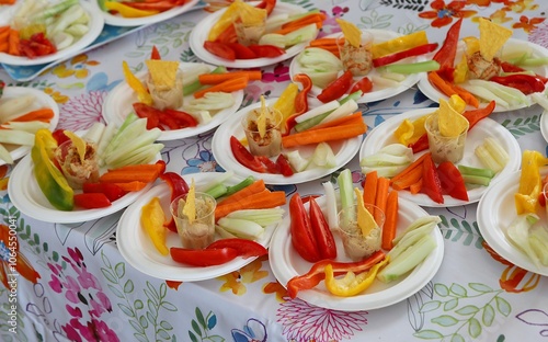 fresh vegetarian appetizer with chickpea hummus and colorful vegetables on plates in a restaurant photo