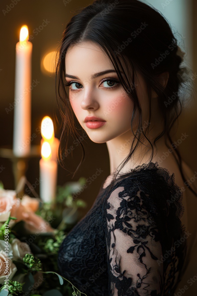 A young woman with a delicate expression stands beside lit candles, holding a bouquet of roses, This elegant image captures beauty and tranquility, ideal for romantic themes, weddings, or fashion, A young woman with a delicate expression stands beside lit candles, holding a bouquet of roses, This elegant image captures beauty and tranquility, ideal for romantic themes, weddings, or fashion,