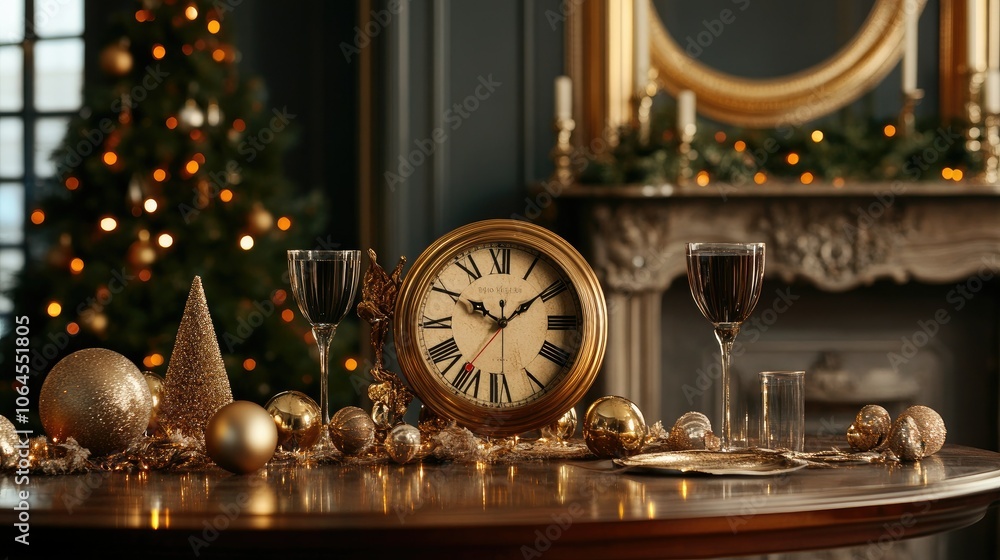 Festive Table Setting with Clock and Decorations Festive Table Setting with Clock and Decorations