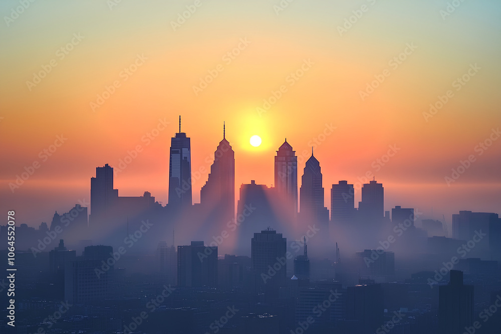 Fototapeta premium City skyline with morning haze, Monday morning, urban awakening