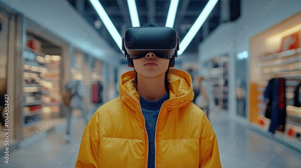 A young woman in VR headset walks through a store. The image showcases the potential of VR technology in retail, allowing customers to experience products virtually. A young woman in VR headset walks through a store. The image showcases the potential of VR technology in retail, allowing customers to experience products virtually.