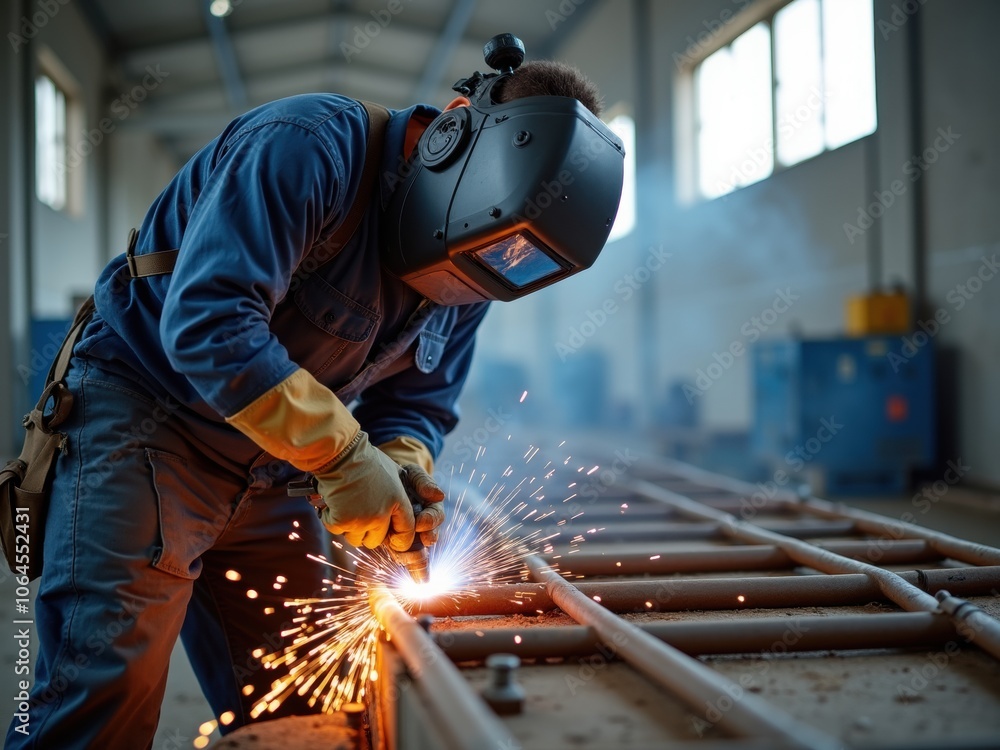 Welding Technician Works on Metal Fabrication in an Indoor Workshop, Creating Sparks in a Productive Environment During the Day Welding Technician Works on Metal Fabrication in an Indoor Workshop, Creating Sparks in a Productive Environment During the Day