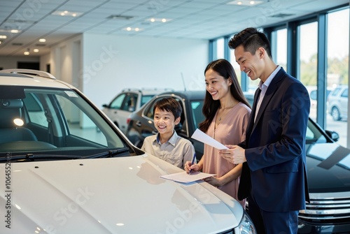 Asian Family Reviewing Car Purchase Documents at Dealership