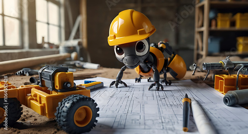 A cute cartoon ant wearing a hard hat and holding blueprints, surrounded by construction tools and machinery.