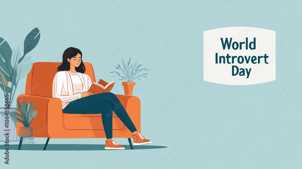 Woman reading alone on World Introvert Day illustration Woman reading alone on World Introvert Day illustration