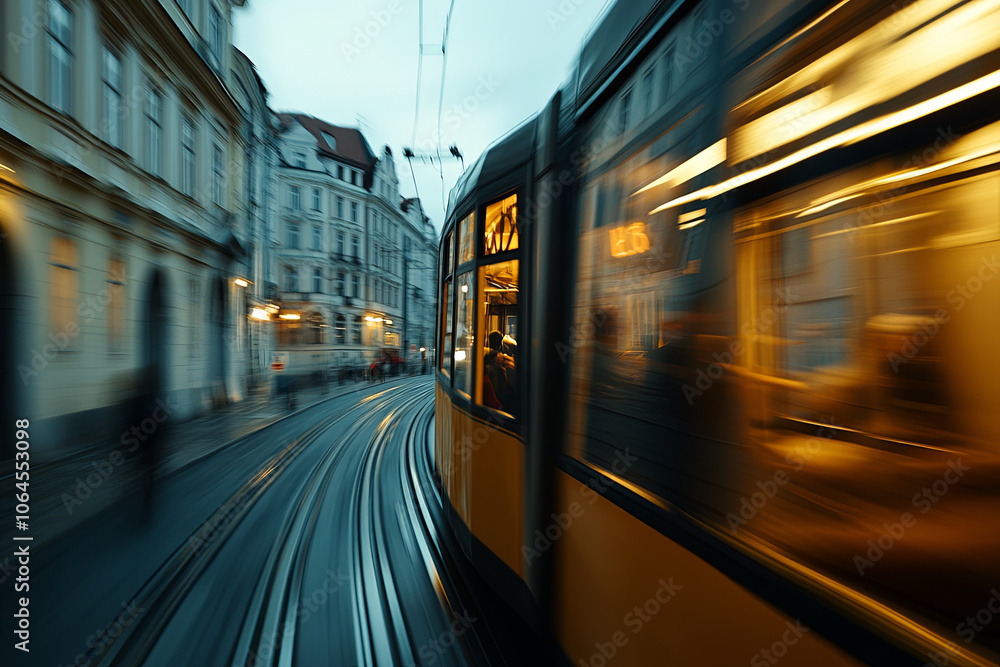 Fototapeta premium Tram moving through a historic European city