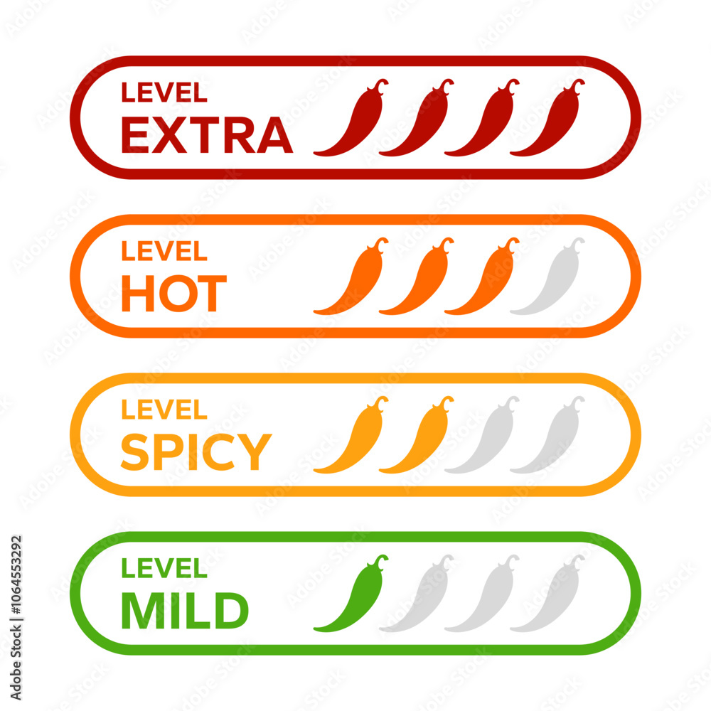 Obraz premium Red Chili Peppers Fire Flames icon. Chili mild level, spicy level, hot level, extra level Label. Hot Spicy green, yellow, orange icons. Logo Spicy. Extra chilli badge. Hand drawn. Vector illustration.