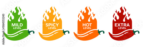 Red Chili Peppers Fire Flames icon. Chili mild level, spicy level, hot level, extra level Label. Hot Spicy green, yellow, orange icons. Logo Spicy. Extra chilli badge. Hand drawn. Vector illustration.