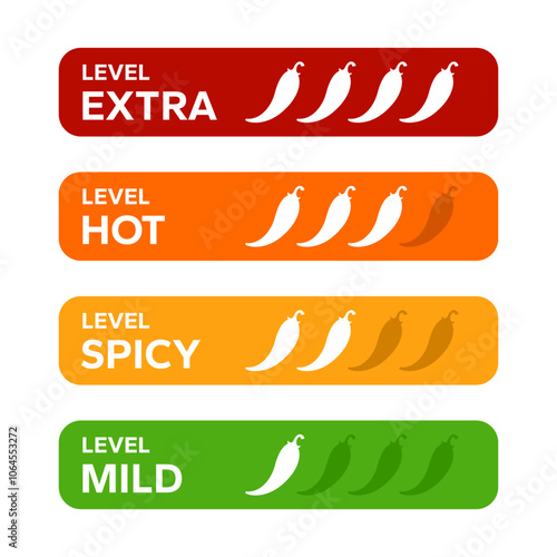 Red Chili Peppers Fire Flames icon. Chili mild level, spicy level, hot level, extra level Label. Hot Spicy green, yellow, orange icons. Logo Spicy. Extra chilli badge. Hand drawn. Vector illustration.