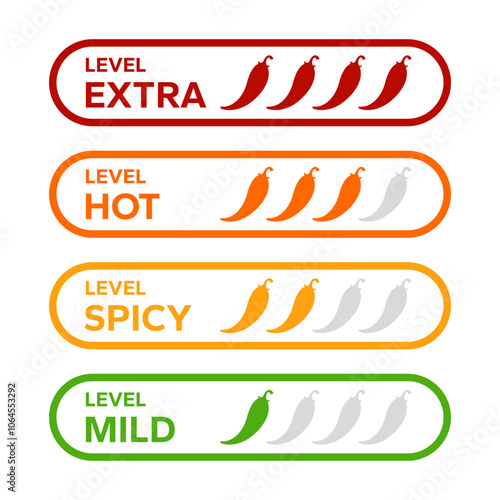 Red Chili Peppers Fire Flames icon. Chili mild level, spicy level, hot level, extra level Label. Hot Spicy green, yellow, orange icons. Logo Spicy. Extra chilli badge. Hand drawn. Vector illustration.
