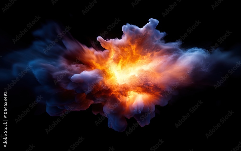 A vibrant explosion of color and light emerges from a dark background, showcasing intense orange, blue, and purple hues that create a dynamic visual impact. A vibrant explosion of color and light emerges from a dark background, showcasing intense orange, blue, and purple hues that create a dynamic visual impact.